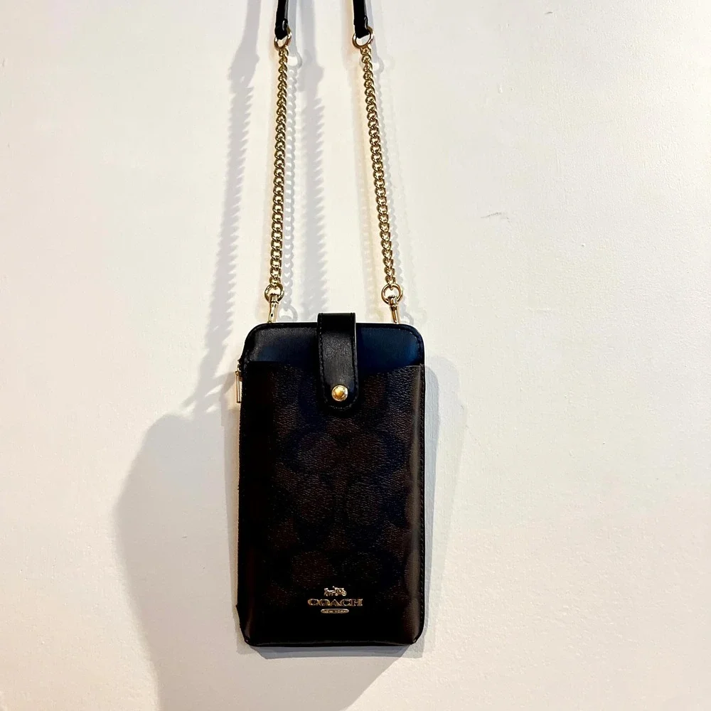 Coach Bag North/South Phone Crossbody Brown Signature Monogram Leather One Size